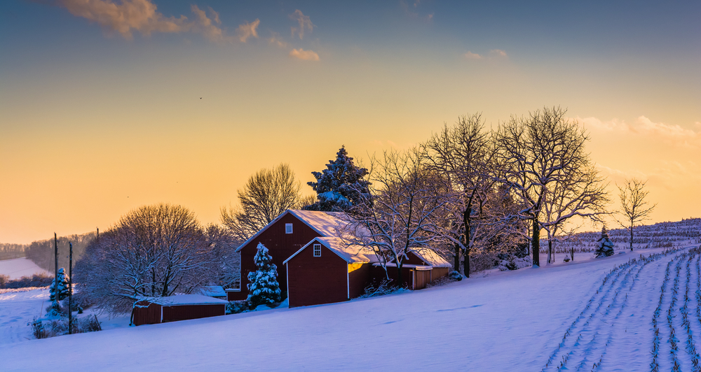 Winter,View,Of,A,Barn,On,A,Snow,Covered,Farm