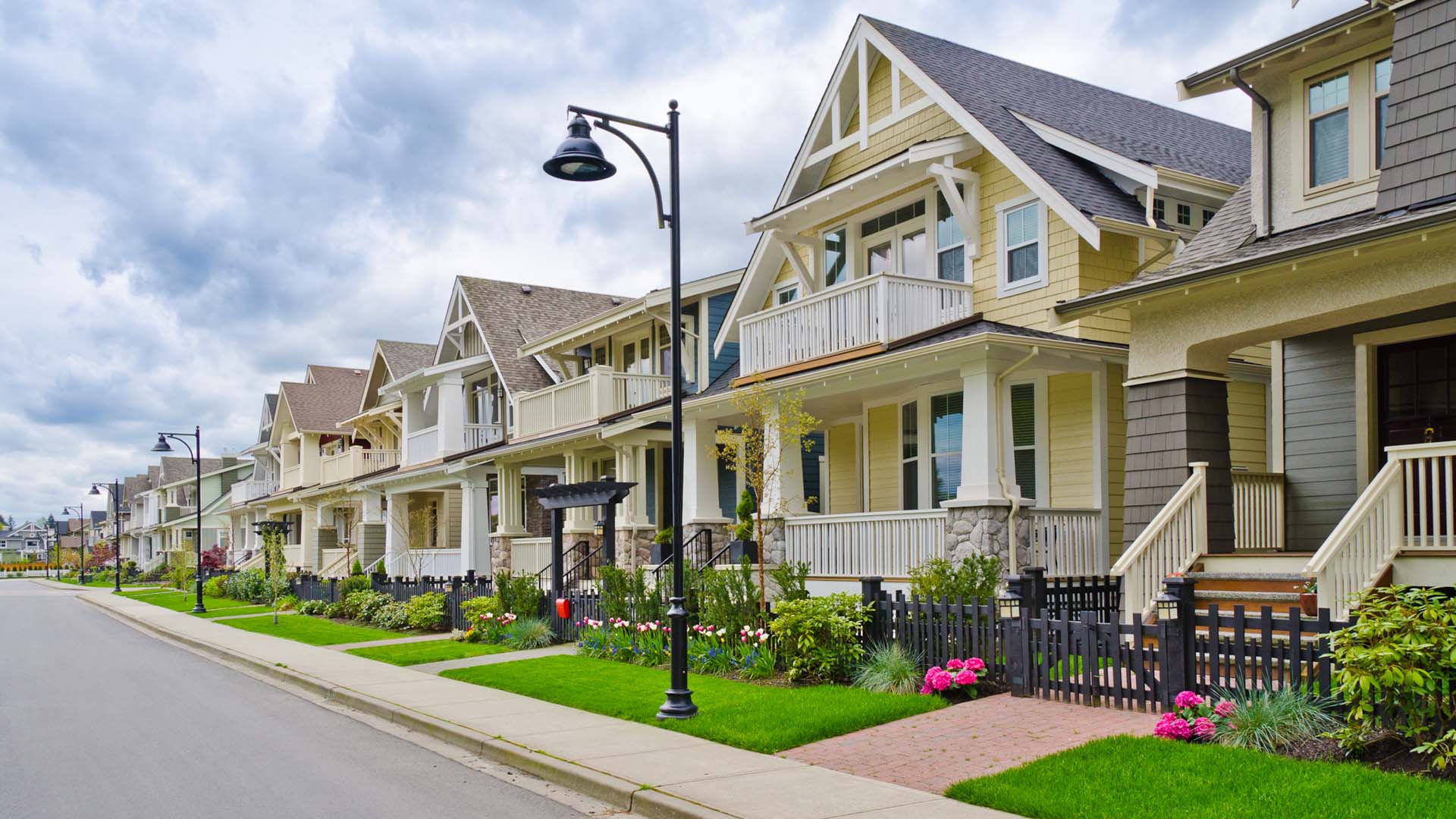 A perfect neighborhood. Houses in suburb at Spring in the north America